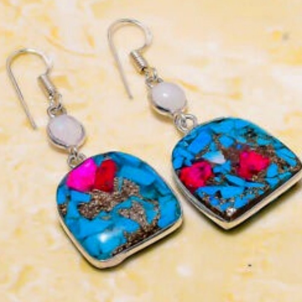 NEW Spiny Oyster Moonstone Gemstone Handmade Gift Jewelry Earrings 1.97" Silver - Picture 3 of 5